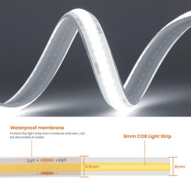 Світлодіодна стрічка Wisada 24 В COB, 320 світлодіодів/м Супер яскрава гнучка світлодіодна стрічка Світлодіодний діапазон COB, водонепроникний світлодіодний світильник для підсвічування телевізора IP68 для освітлення акваріума та шафи (холодний білий, 5 м