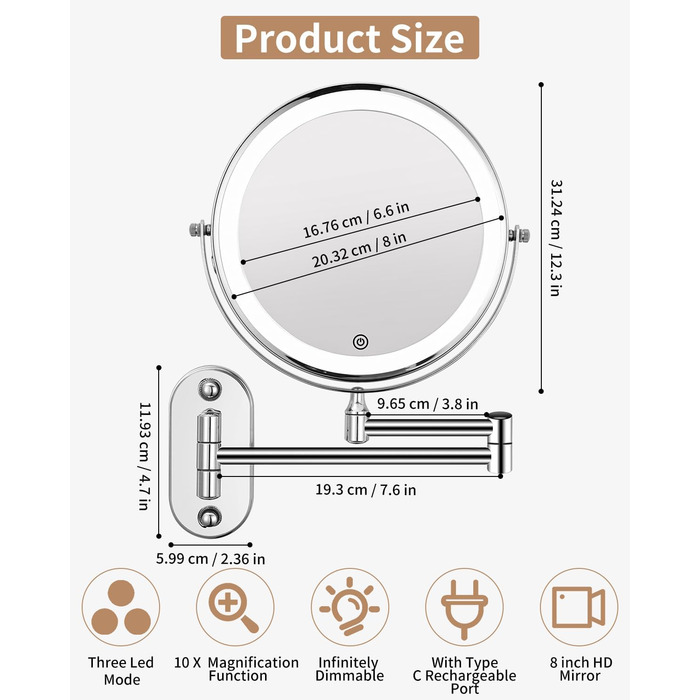 Дзеркало косметичне дзеркало для гоління дзеркало для гоління 360 поворотне настінне дзеркало для макіяжу для ванної кімнати з / 10 шт. освітленням дзеркало збільшення з освітленням 3 кольори вогнів