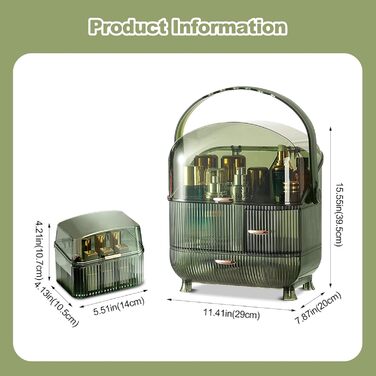 Портативний органайзер для макіяжу Galate Косметична коробка Коробка для зберігання косметики з пилонепроникною кришкою, органайзер краси з 2 ящиками та ручкою для перенесення, ящик косметичний, обертається на 180 (Green-D)