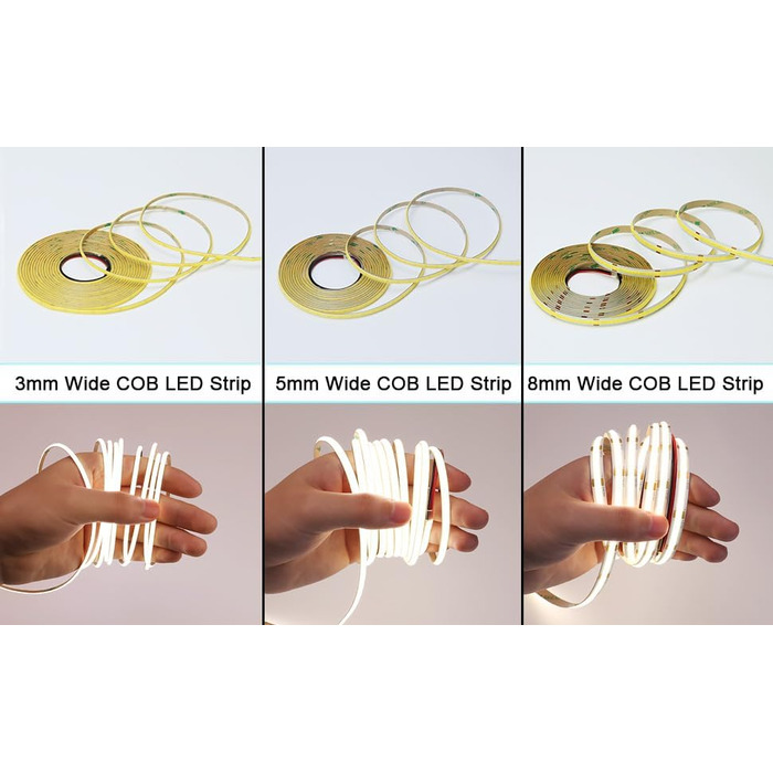 Світлодіодна стрічка TOPAI 12V COB 5M тепла біла, вузька світлодіодна стрічка 3000K Самоклеюча 384 світлодіоди/м CRI90, неводонепроникний гнучкий ріжучий стіл для прикраси домашньої кухні DIY (натуральний білий, шириною 3 мм)