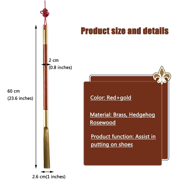 Допоміжна палиця для взуття для вагітних, класичний китайський золотий обруч у формі ріжка, латунний домашній підйомник для взуття з довгою ручкою та китайським вузлом, високоцінний червоний золото