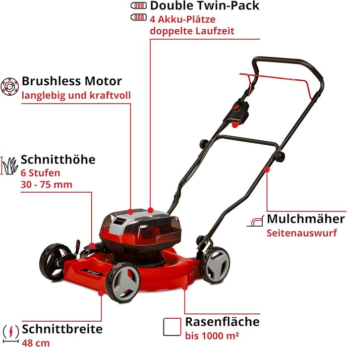 Акумуляторна газонокосарка Einhell GE-CM 36/48 Li M-Solo Power X-Change (36 В, ширина зрізу 48 см, до 1000 м, безщіткова, мульчуюча, висота зрізу 30-75 мм, без акумулятора та зарядного пристрою) без акумулятора та зарядного пристрою