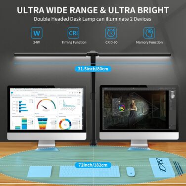 Настільна лампа з подвійною головою LED з регулюванням яскравості, 80 см настільні лампи LED для домашнього офісу Широке освітлення 5 колірних режимів і плавне затемнення Автоматичний таймер 24 Вт Сучасна настільна лампа 24,0 Вт