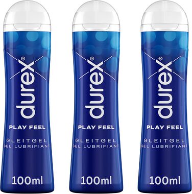 Лубрикант Durex Play Feel Можна мити, не жирний і не залишає плям На водній основі, легка та шовковиста текстура, дерматологічно протестована, сприятлива для pH Зручна пляшка для дозування 3 x 100 мл