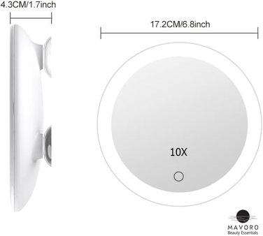 Світлодіодне збільшувальне дзеркало Mavoro з присосками - потрійне наклеювання світлодіодного дзеркала для макіяжу з підсвічуванням і 10-кратним збільшенням. Портативне туристичне косметичне дзеркало збільшене, настінне акрилонітрил-бутадієн-стирол (ABS)