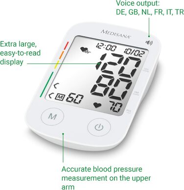Голосовий тонометр на плече, точне вимірювання артеріального тиску та пульсу з функцією пам'яті та голосовим виведенням, шкала світлофора, функція відображення нерегулярного серцебиття Голосовий вихід та інструкція із застосування на мовах DE, GB, NL, FR,