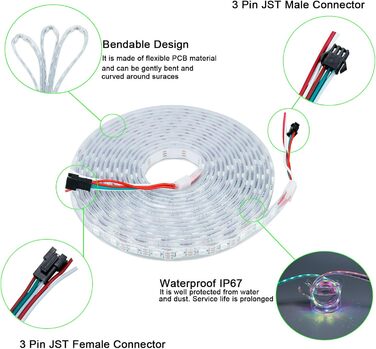 Адресна світлодіодна стрічка 5M 300LED IP67 корпус водонепроникний 5050SMD гнучка біла друкована плата RGB світлодіодна стрічка Dream Color Світлодіодна стрічка для домашньої вечірки (контролер і блок живлення не входять в комплект) Біла друкована плата 3