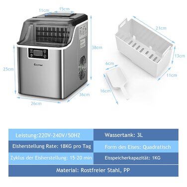 Машина для виготовлення кубиків льоду COSTWAY 3,2 л. Льодогенератор, машина для виготовлення кубиків льоду, включаючи таймер для ковпака / 24 кубики льоду за 15 хвилин / 18 кг 24 години / РК-дисплей