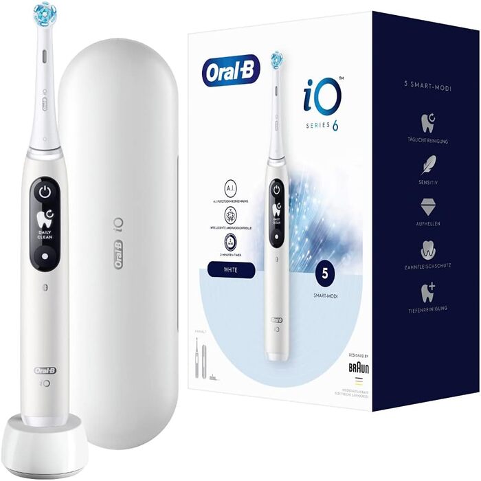 Електрична зубна щітка Oral-B iO Series 6, 5 режимів чищення для догляду за зубами, магнітна технологія, дисплей і дорожній кейс, подарунок чоловік/жінка, дизайн Braun, білий