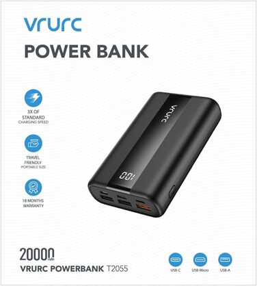 Маленький, але потужний USB C Powerbank Міні зовнішній акумулятор мобільного телефону Маленький і легкий PD QC3.0 швидка зарядка акумуляторна батарея Портативний зарядний пристрій для iPhone Samsung Huawei iPad Switch і т.д. Чорний, 20000mAh