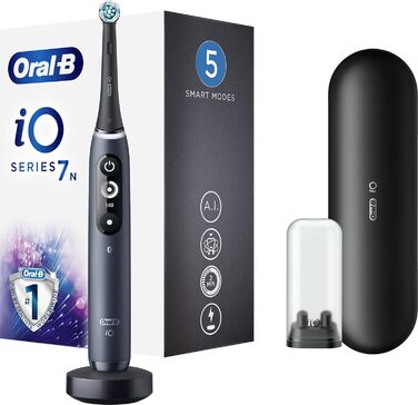 Електрична зубна щітка Oral-B iO Series 7n зі штучним інтелектом, перезаряджається, 1 базовий блок, 1 насадка для щітки та 1 дорожній футляр, чорний