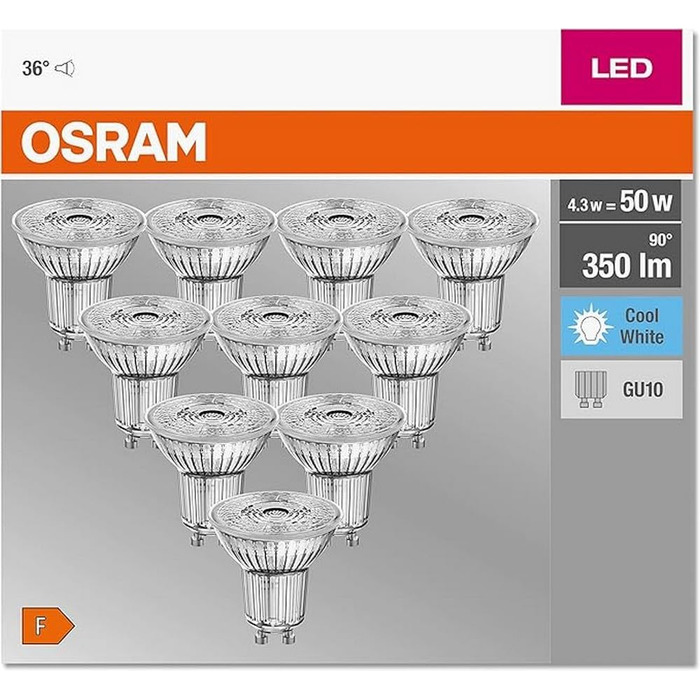 Світлодіодна рефлекторна лампа Osram Base PAR16 з цоколем GU10, 4,3 Вт, теплий білий, 10 шт. (1 упаковка) (50 Вт, 10 упаковок, 4000k холодний білий)