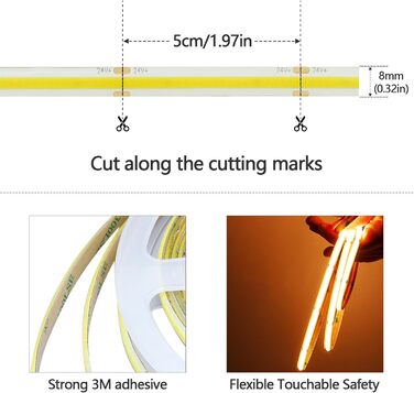 Світлодіодна стрічка GOMING 24V COB тепла біла 3000K 5M водонепроникна світлодіодна стрічка IP65 480 світлодіодів / м Без світлових плям CRI 93 Світлодіодна стрічка високої яскравості 4300 лм для прикраси домашньої кухні (тільки стрічка) Теплий білий 5 ме