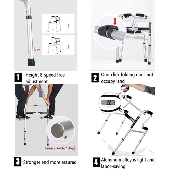 Складні ходунки для людей похилого віку з алюмінієвими передніми колесами, з 2 колесами, для дорослих, регульовані складні ходунки, легкі, портативні, компактні, допоміжні для ходьби для людей похилого віку