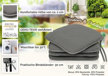Набір з 4 подушок для сидіння 38x38см - зручні подушки для крісел з зав'язками - можна прати при температурі до 30C - в сірому кольорі - сертифікований Oeko Tex 4 шт. и (1 упаковка) Сірий 4