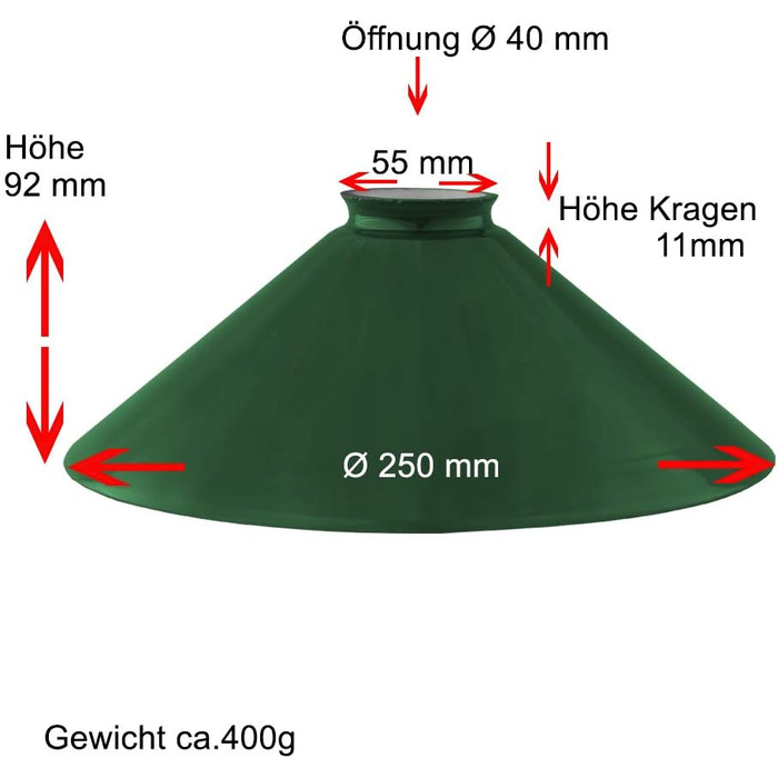 Штор швець зелений Ø 250 мм з комірним краєм H 90 мм, лампове скло кругле змінне скло опалове скло для шевця скло для E27 зелене