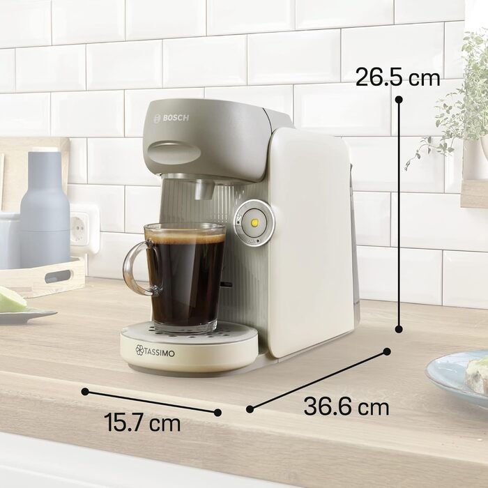 Капсульна машина Bosch Tassimo Finesse TAS16B7 кавоварка by, 70 напоїв, більш насичена кава одним натисканням кнопки, автоматичне вимкнення, ідеально дозована, компактна, 1400 Вт, вершки