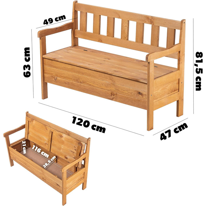 Садова лава, 120x47x81.5см Лавка-скриня з ДВП, Лавка з місцем для зберігання та спинкою, Погодостійка дерев'яна лавка для саду, балкон (120см/коричневий)