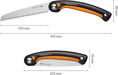 Складна пила Fiskars Plus, для товстих колод і гілок, 3 положення різання, гостре лезо з електроприводом, груба зубчастість, довжина леза 21 см, чорний/помаранчевий, пила SW69, 1067553 (полотно 20 см)