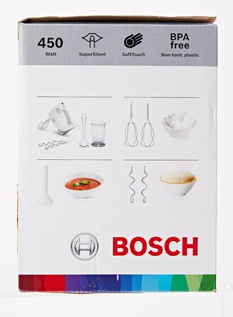 Ручний міксер Bosch MFQ3540, ручний міксер, 2 вінчики, 2 гачки для тіста з нержавіючої сталі, можна мити в посудомийній машині, 5 рівнів, ручний блендер, глечик для блендера, 450 Вт, білий одинарний