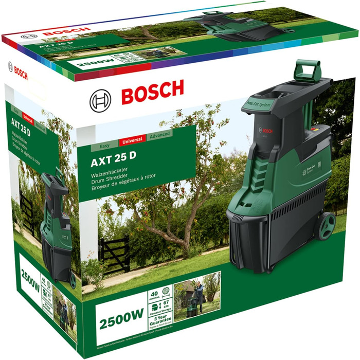 Безшумний подрібнювач Bosch AXT 25 D (2 500 Вт підходить для твердої деревини та колючих кущів вбудований 53-літровий контейнер для збору в коробці)