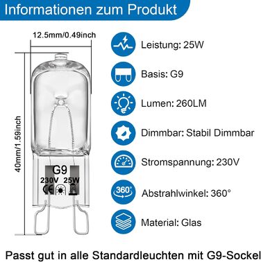 Галогенні лампи VIIVUU G9 25 Вт, 230 В теплий білий з можливістю затемнення 2800 К без галогенних капсульних лампочок, 260 лм без мерехтіння лампочки Лампа для духовки 25 Вт 300 Лампочка для духовки для витяжки 20 шт.