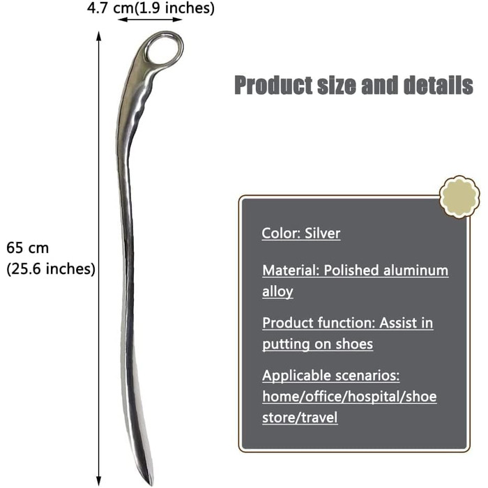 Високоякісний ріжок для взуття з алюмінієвого сплаву з довгою ручкою, зручний для утримання взуттєвий гаджет для домашнього використання, стабільний і гладкий підйомник взуття 65 * 4,7 см (25,6 * 1,9 дюйма)