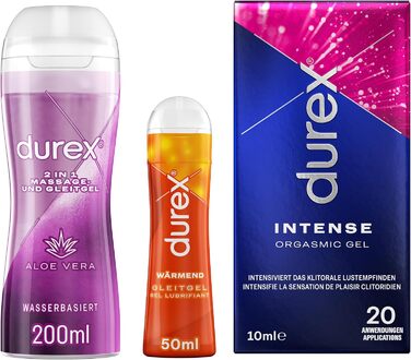 Набір для побалування лубрикантом для нього та неї з 10 мл Durex Intense Orgasmic Gel 200 мл Play Massage 2в1 Guarana 50 мл Play Warming