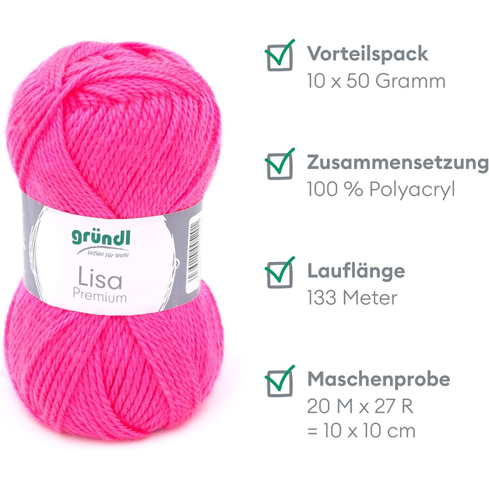 Пряжа Grndl Lisa Premium Uni Knitting & Chet Yarn (м'яка і вовняна характер, проста в догляді миється трикотажна пряжа з 100 поліакрилу, 50 г/ 133 м, розмір голки 3,5 - 4,5, 10 клубків по 50 г кожен), (неоново-рожевий)