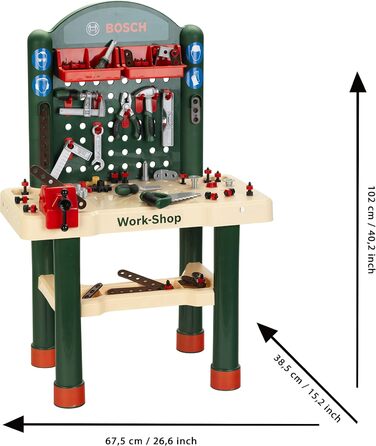 Дерев'яна робоча поверхня з навчальною функцією та грою для нігтів - З інструментами та аксесуарами - Іграшка для дітей віком від 3 років, зелена, колір дерева, одинарна, 8461 Bosch Workshop -