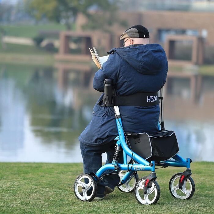 Допоміжний засіб для ходьби HEAO Rollator з сидінням, допоміжний засіб для ходьби для людей похилого віку, колеса 4 x 25.4 см з амортизаторами, легкі ходунки лише 9 кг, до 159 кг з навантаженням, з високою мобільністю, регульована по висоті ручка, синій