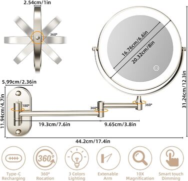 Косметичне дзеркало настінне косметичне дзеркало з /10 шт. збільшенням світлодіодне освітлення дзеркало настінне дзеркало для макіяжу настінне дзеркало для макіяжу з регулюванням освітлення дзеркало для макіяжу з регулюванням освітлення 3 кольори Косметич