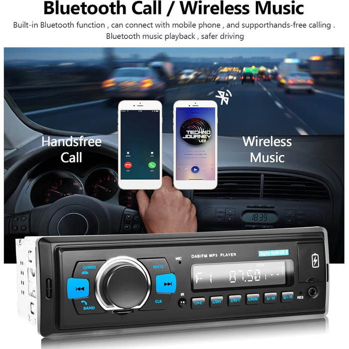 Автомобільна стереосистема Hodozzy DAB 1 Din з Bluetooth, MP3-плеєр з FM-радіо, підтримка автомобільної стереосистеми 1 Din BT Hands-free/еквалайзер/керування на кермі/USB/зарядка/TF/AUX-вхід, цифровий медіа-ресивер