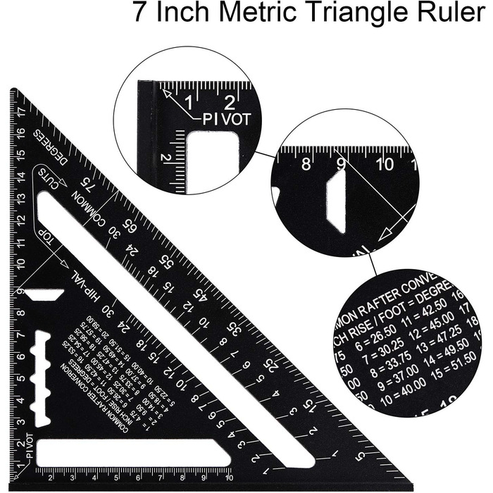 И теслярський кутник 12 дюймів і 7 дюймів, 45 90 градусів потовщений трикутник транспортир метричний теслярський кутник багатофункціональний інструмент для письма для тесляра, покрівельника, інженера, 2 шт.