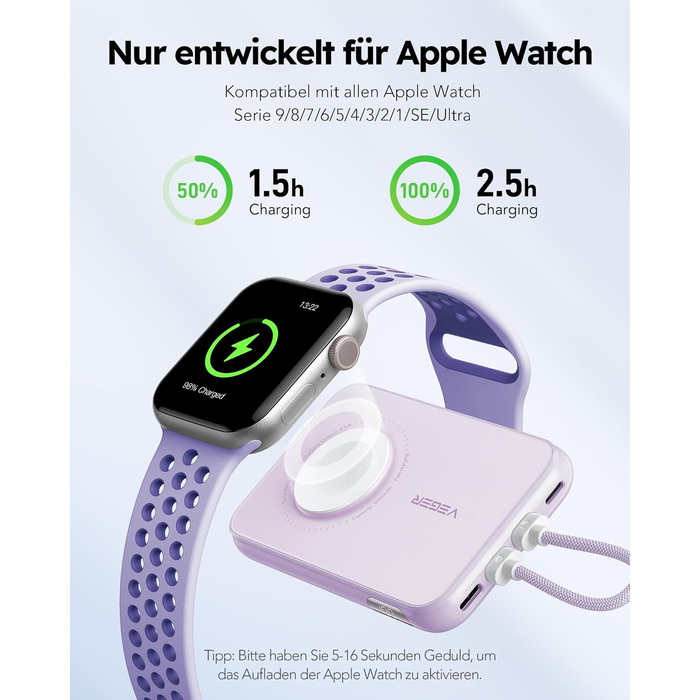 Акумулятор на 10000mAh з вбудованим кабелем Apple, зарядка для Apple Watch, 2 USB-C, зовнішній акумулятор, світлодіодний дисплей