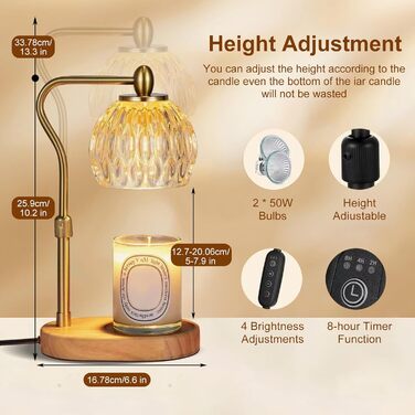 Лампа-грілка для свічок з джекфру, лампа-грілка для свічок з таймером і диммером, лампа-грілка для свічок, регульовані по висоті ароматичні свічки, лампа-грілка з 2 * 50 Вт лампочками для ароматичних свічок в склі, без полум'я