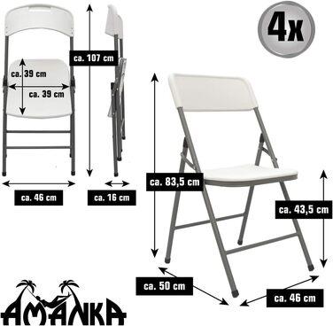 Набір складних стільців AMANKA 150 кг 4 - 50x46x83 Атмосферостійкий складаний - пластиковий балконний стілець Набір садових стільців 4 шт. и - білий