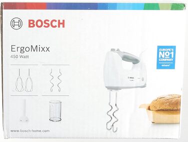 Ручний міксер Bosch ErgoMixx MFQ36440, 2 вінчика, 2 гачка для тіста з нержавіючої сталі, блендер, чашка, можна мити в посудомийній машині, 5 рівнів плюс турбошвидкість, 450 Вт, білий