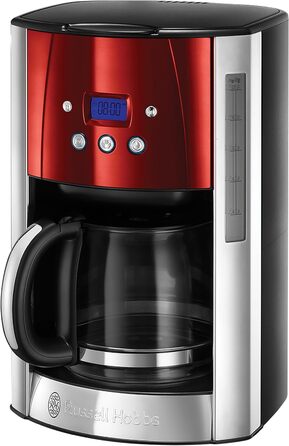 Кавоварка Russell Hobbs Цифровий таймер, душова лійка для оптимальної екстракції та аромату Luna Red (макс. 12 чашок, скляний глечик 1,5 л, нагрівальна плита, 1000 Вт) Кавоварка з фільтром 23240-56