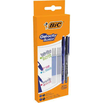 Ручка BIC Gel-ocity Illusion Rollerball, 2 гелеві ручки з 6 картриджами для заправки, синій і чорний, середня щільність лінії, набір з можливістю повторного видалення та стирання з заправками