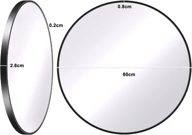 Кругле настінне дзеркало Dripex 50 см з алюмінієвою рамою, декоративне настінне дзеркало HD для макіяжу для ванної кімнати/вбиральні/вітальні, небитке дзеркало (чорне, 60 x 60 см)