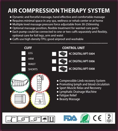 Професійний лімфодренажний апарат Digital Compact, 6 програм масажу, 6 повітряних камер, масажер для ніг з манжетами на ногах і руках, 6.0 Pressotherapy