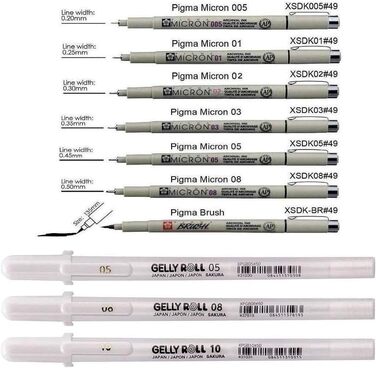 БІЛИЙ, 3 ручки Яскрава Біла в чохлі, MIX-Size 05/08/10, 7 fineliners Sakura Gelly Roll