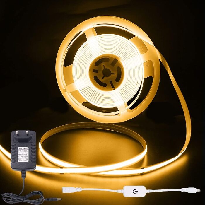 Світлодіодна стрічка Wisada Dimmable COB 1 м, постійний струм 12 В 320 світлодіодів/м гнучка світлодіодна стрічка, внутрішня неводонепроникна тепла біла світлодіодна стрічка COB зі струнними лампами з сенсорним диммером і джерелом живлення для освітлення 