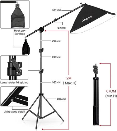 Набір софтбокс Фотостудія, Комплект освітлення Andoer 3 x 50 x 70 см з 3 фотолампами 135 Вт, 3 світловими штативами 2M, штангою для YouTube, запис відео Tiktok, студійні портрети, фотографія