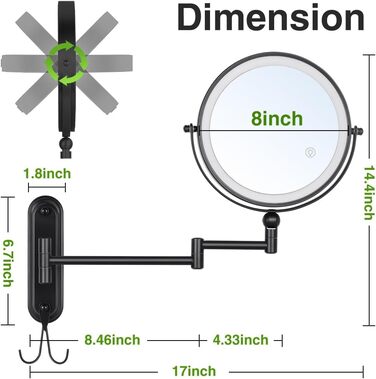 Регульоване по висоті збільшувальне дзеркало зі світлом, 8-дюймове двостороннє настінне дзеркало для макіяжу /10 шт. зі змінним кронштейном, що обертається на 360, і гачком для дзеркала у ванній кімнаті 8''-чорне