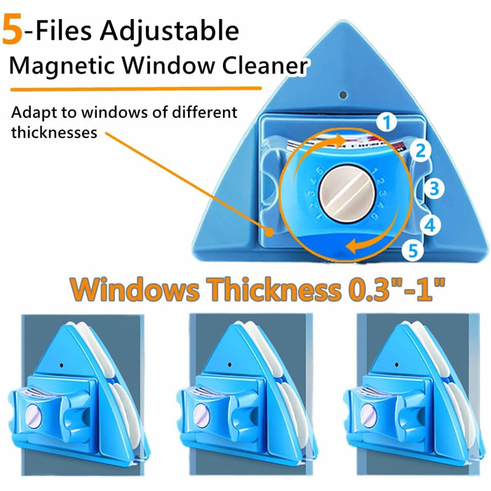 Двосторонній засіб для миття вікон, склоочисники, магнітні інструменти для чищення, 5 відділень, регульовані магнітні глайди, товщина 0,8 см - 2,5 см (синій)