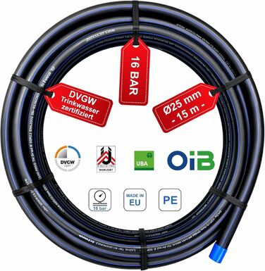 Труба SmartProduct PE 25 мм x 15 метрів PN16 PE-HD для прокладки, питна вода DVGW, водопровідна труба водопровідна труба поливальна пластикова труба чорна в т.ч. 2 муфти 25 мм з кутом 90