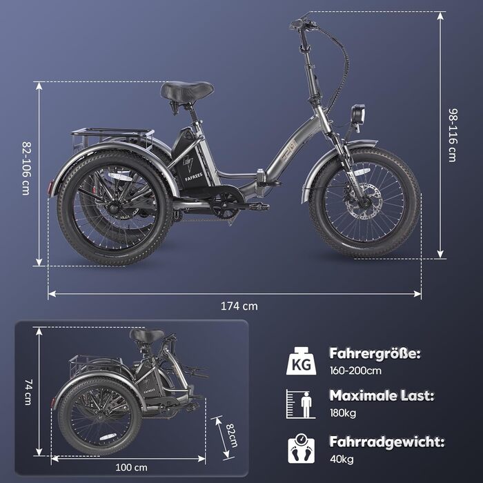 Електричний триколісний велосипед Fafrees, 20-дюймовий триколісний велосипед E-Trike 55-110KM для дорослих з акумулятором 48V 18.2AH, вантажопідйомність 180 кг, F20 Mate Black Standard - задня рама