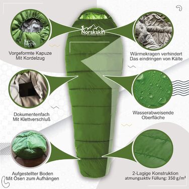 Легкий спальний мішок Norskskin 4 сезони від 0C до -23C - довгий спальний мішок для мумії (230 x 82 см) - водовідштовхувальний спальний мішок на відкритому повітрі з відділенням для подушки на блискавці зліва